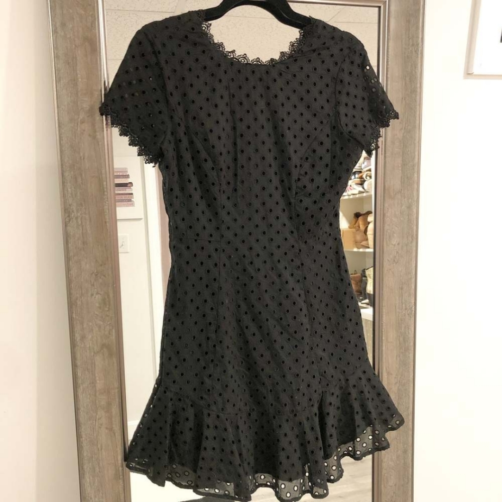 Wayf Black Polka Dot Eyelet Ruffle Lace Up Mini Dress Short Sleeves Size 8
